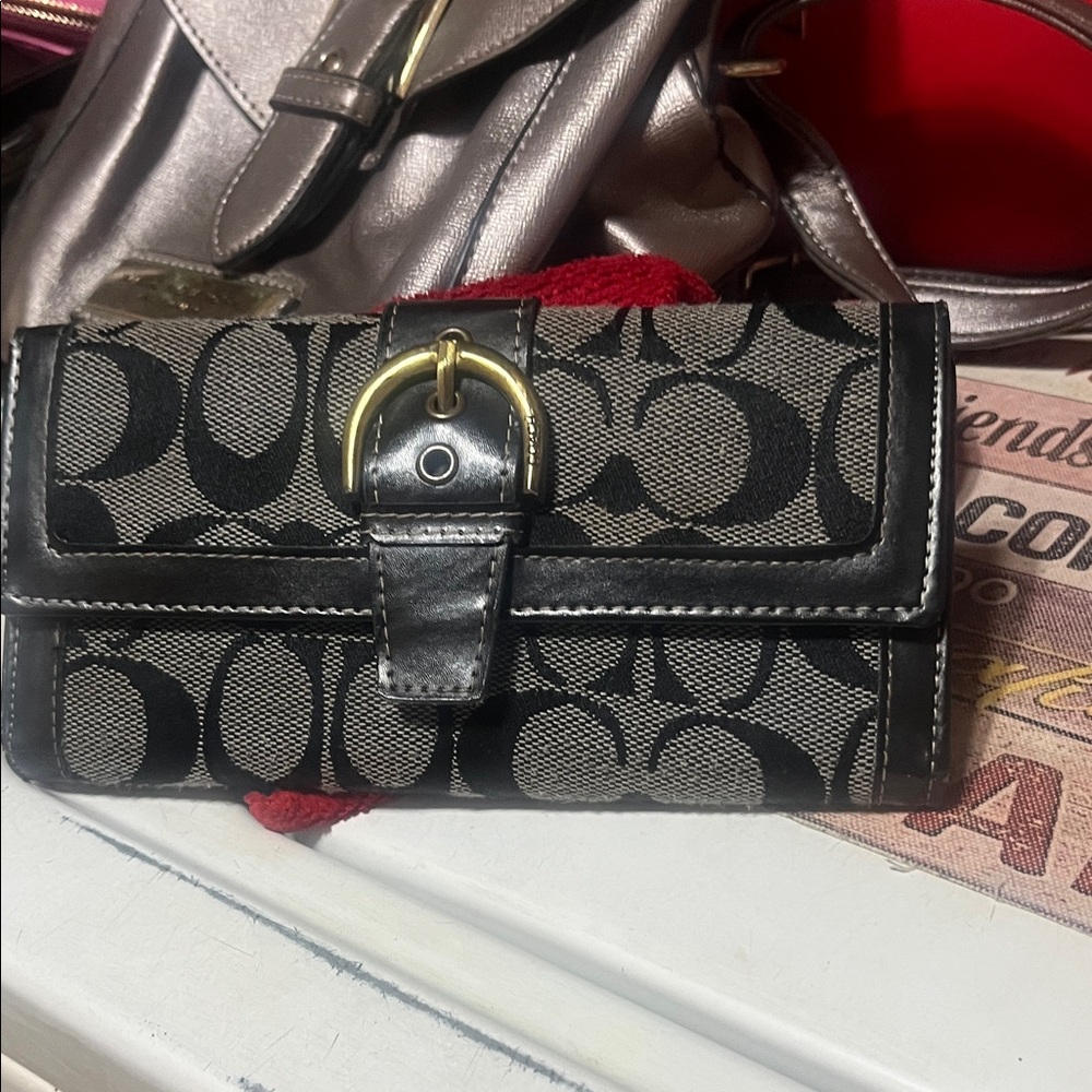 Coach Black Signature Canvas Wallet with Gold Buckle